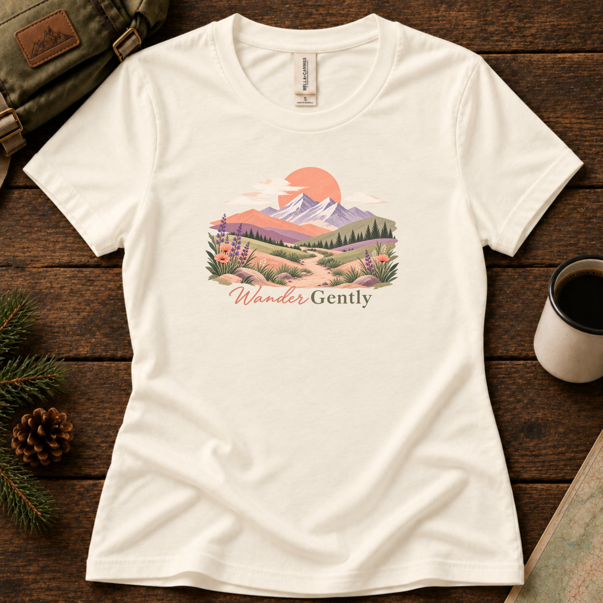 Wander Gently women's graphic tee in Natural, Sasquatch Hiking Society.
