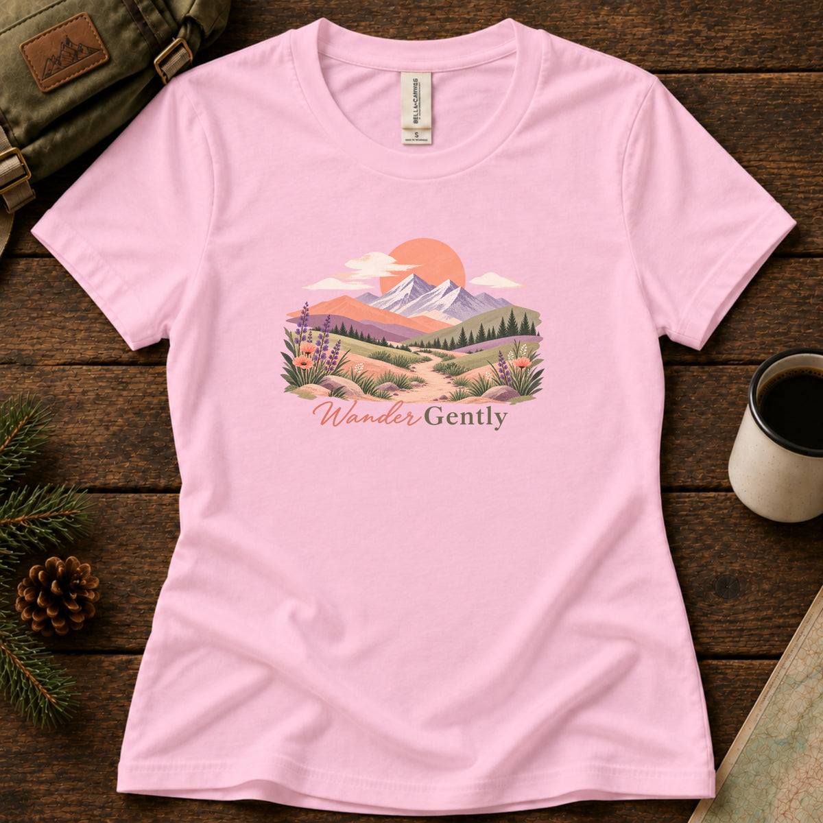 Wander Gently women's graphic tee in Pink, Sasquatch Hiking Society.