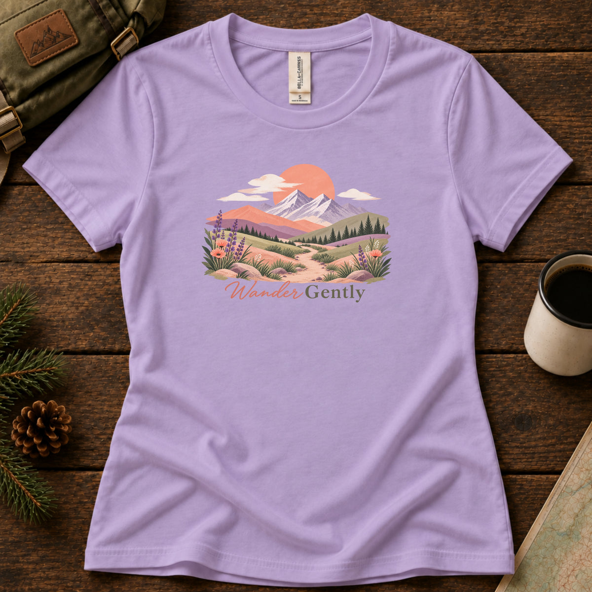 Wander Gently women's graphic tee in Dark Lavender, Sasquatch Hiking Society.