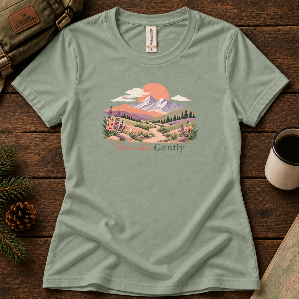 Wander Gently women's graphic tee in Sage, Sasquatch Hiking Society.