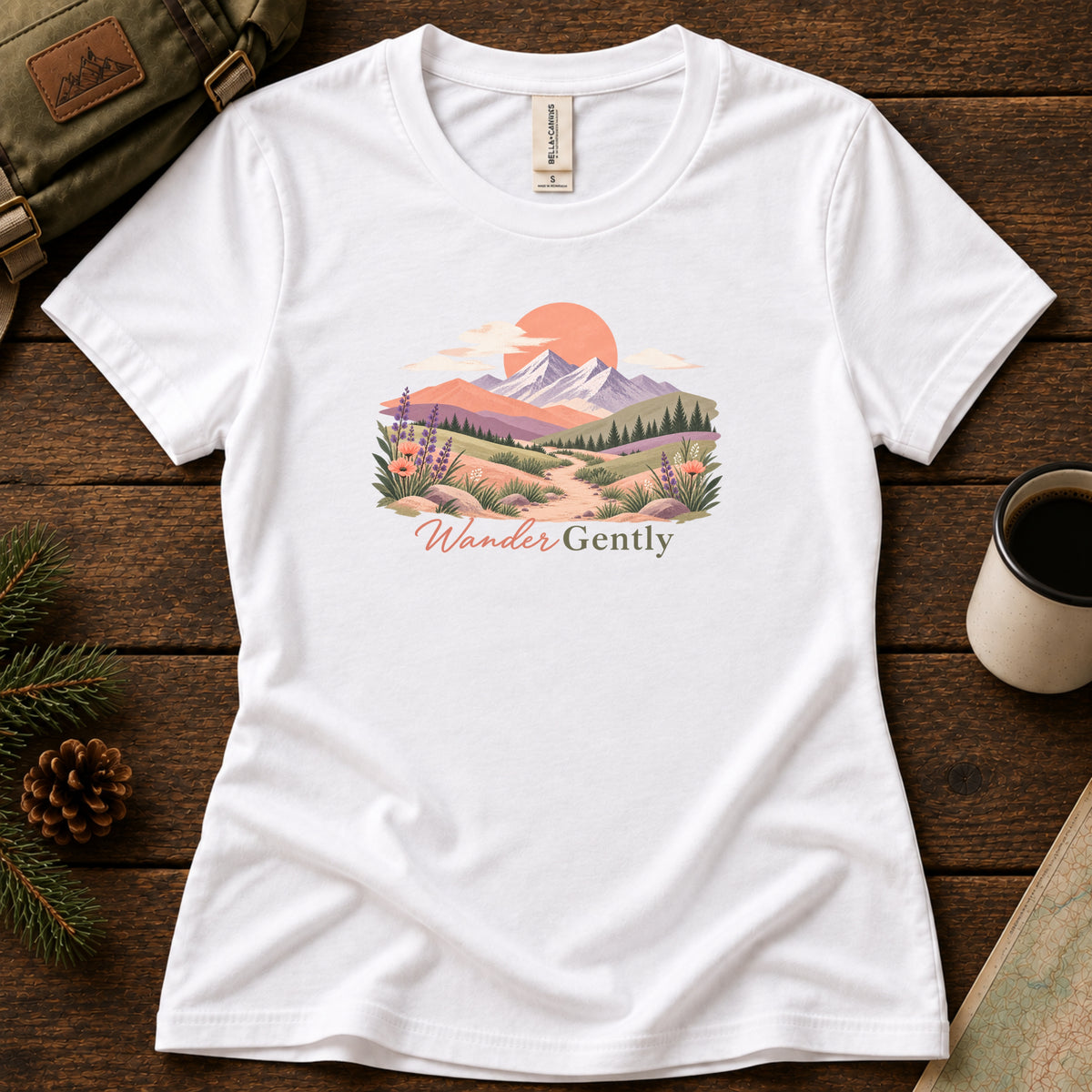 Wander Gently women's graphic tee in White, Sasquatch Hiking Society.