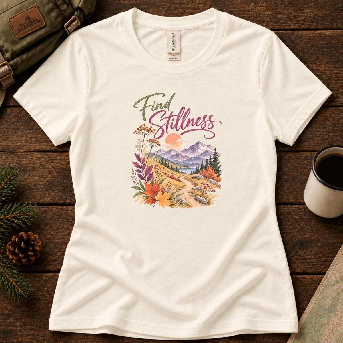 Find Stillness women's graphic tee in Natural, Sasquatch Hiking Society.