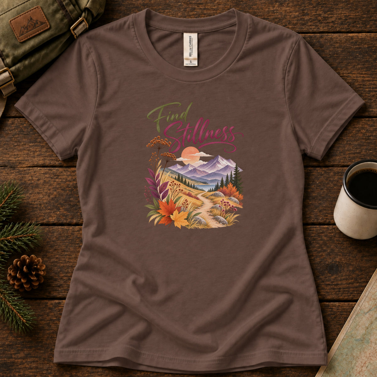 Find Stillness women's graphic tee in Vintage Brown, Sasquatch Hiking Society.