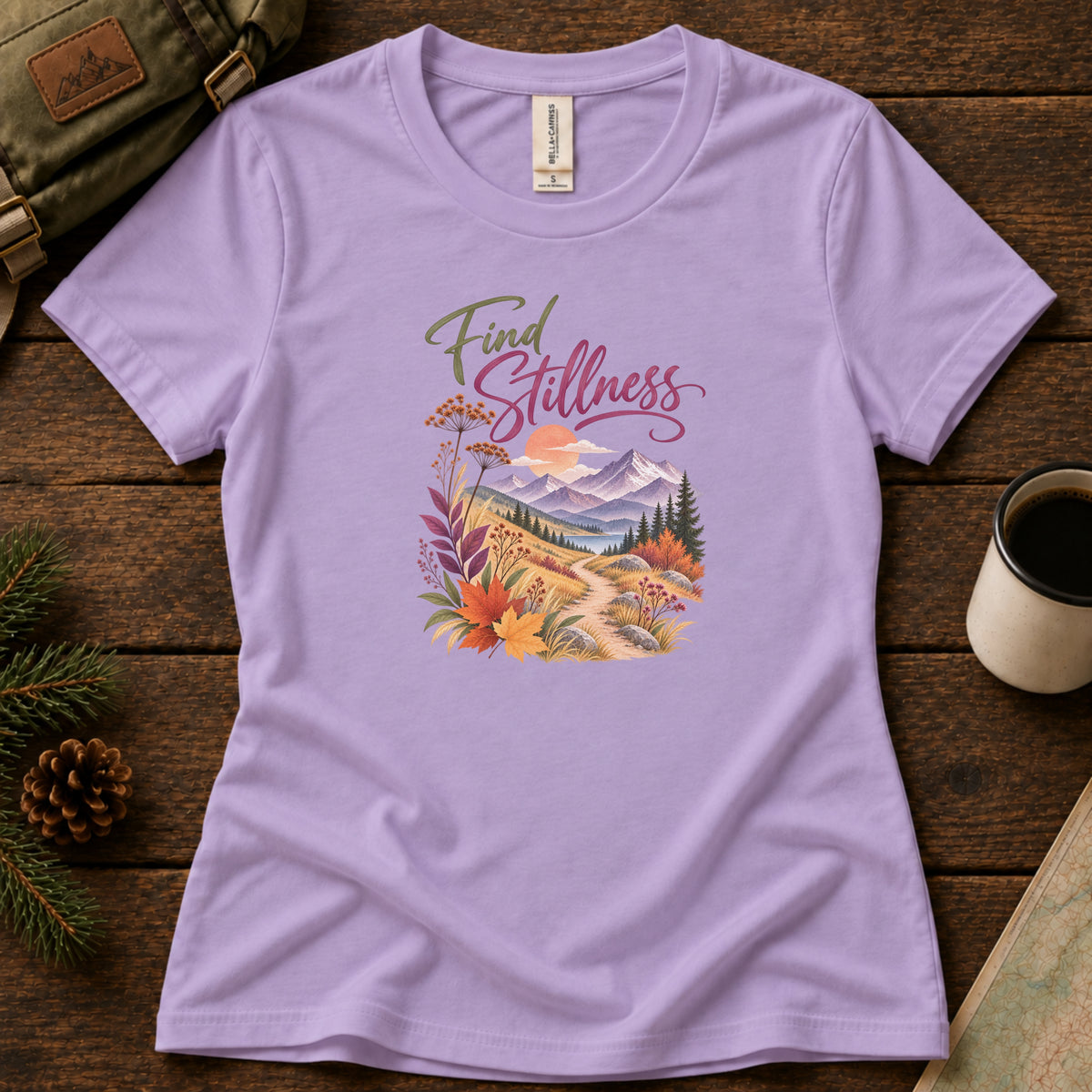 Find Stillness women's graphic tee in Dark Lavender, Sasquatch Hiking Society.