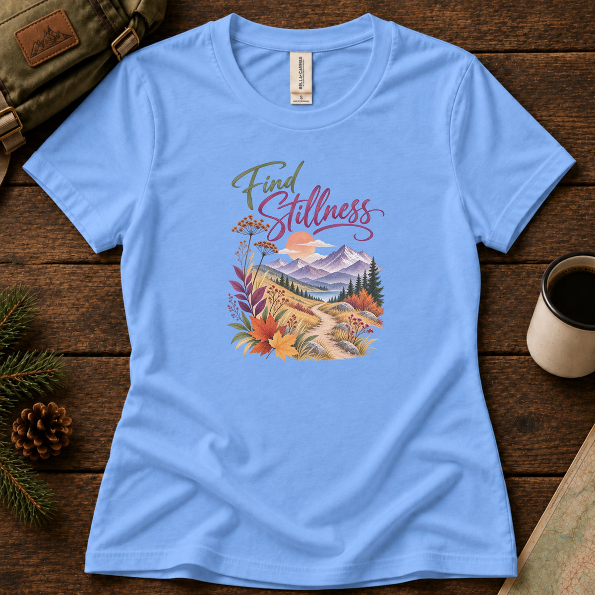 Find Stillness women's graphic tee in Carolina Blue, Sasquatch Hiking Society.