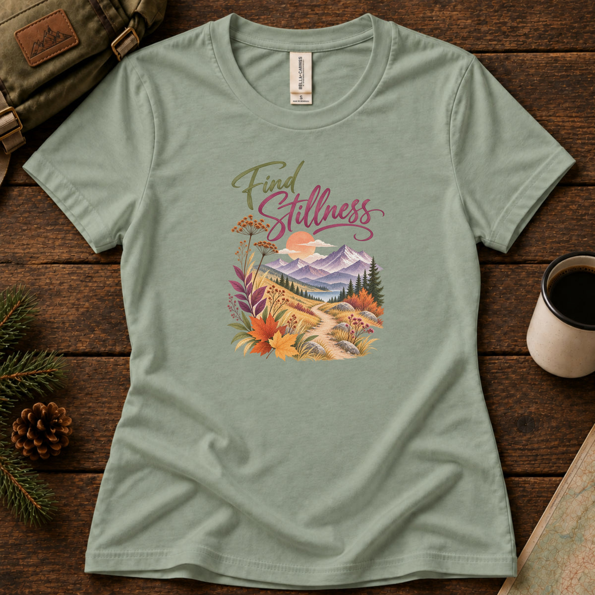 Find Stillness women's graphic tee in Sage, Sasquatch Hiking Society.
