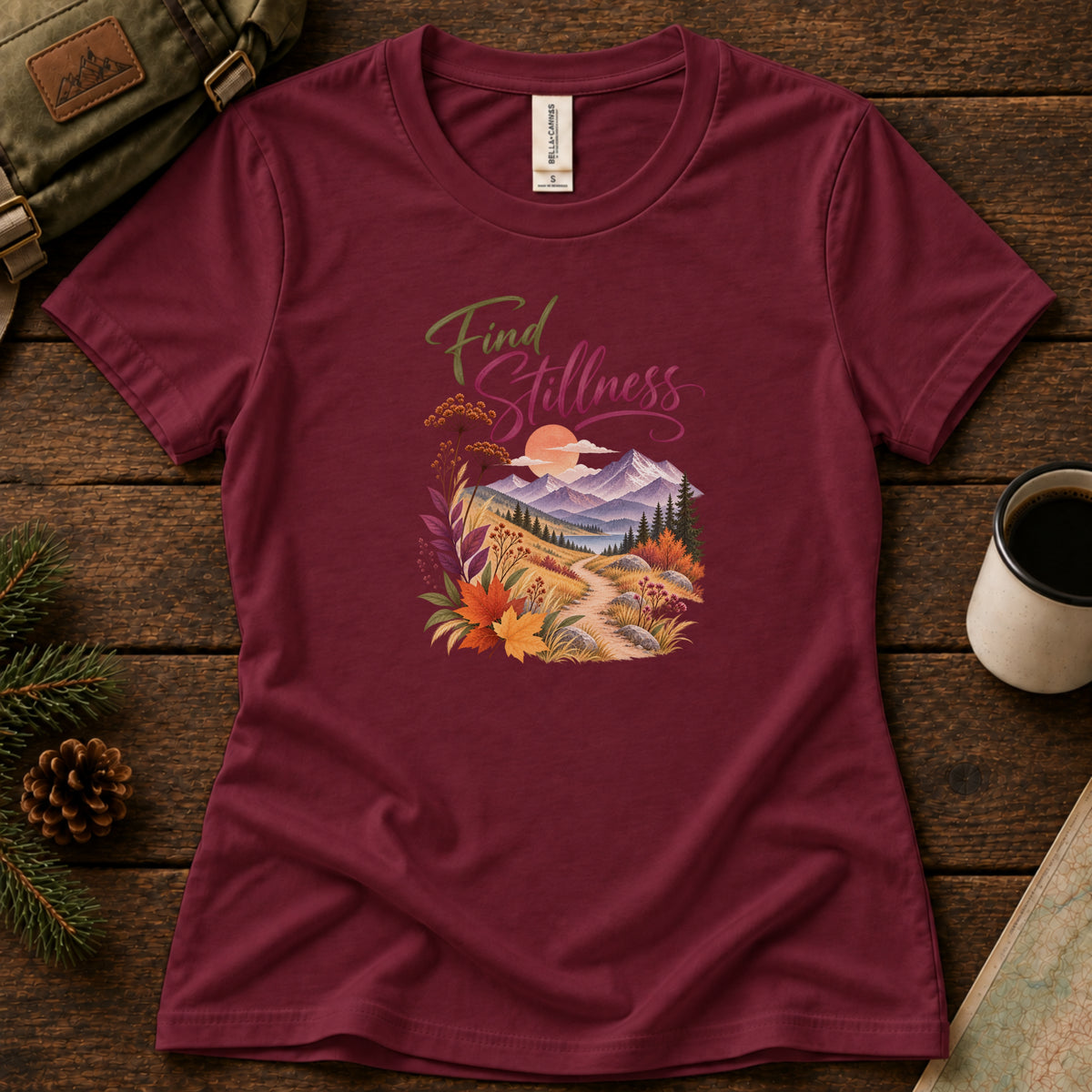 Find Stillness women's graphic tee in Maroon, Sasquatch Hiking Society.