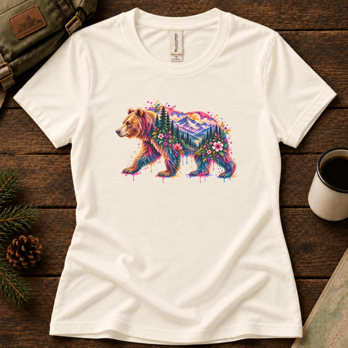Watercolor Bear women's graphic tee in Natural, Sasquatch Hiking Society.