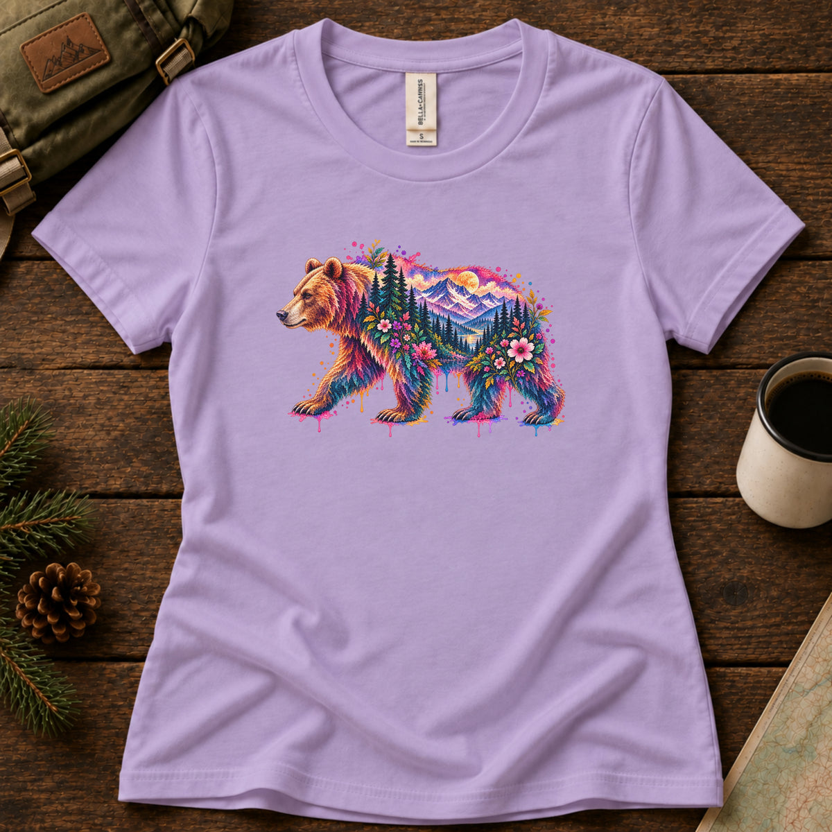 Watercolor Bear women's graphic tee in Dark Lavender, Sasquatch Hiking Society.