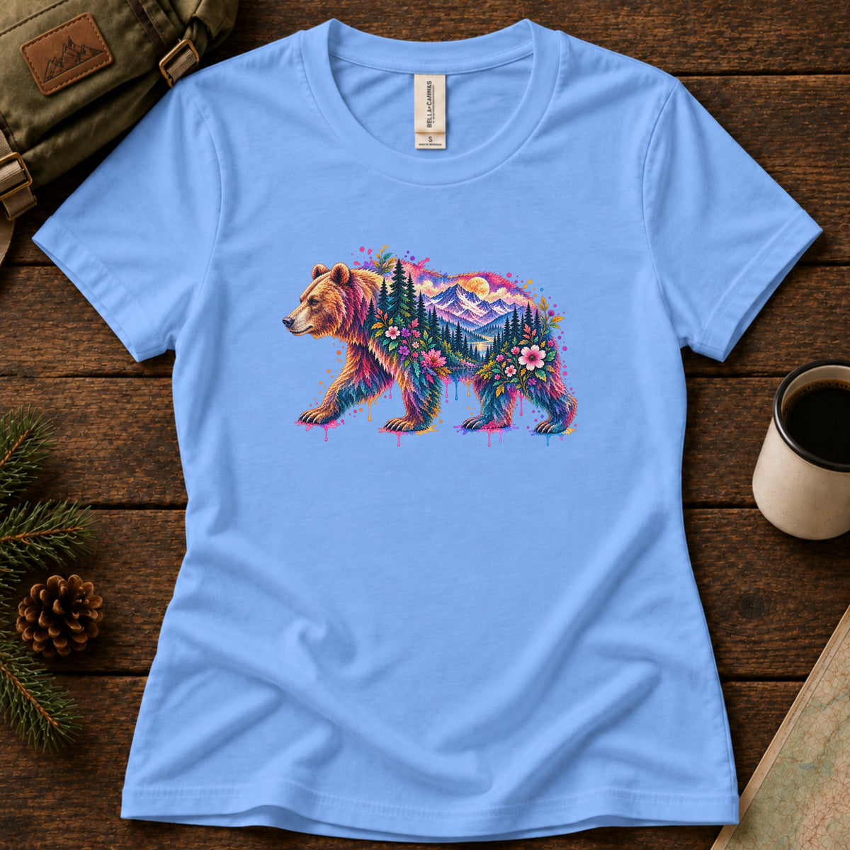 Watercolor Bear women's graphic tee in Carolina Blue, Sasquatch Hiking Society.
