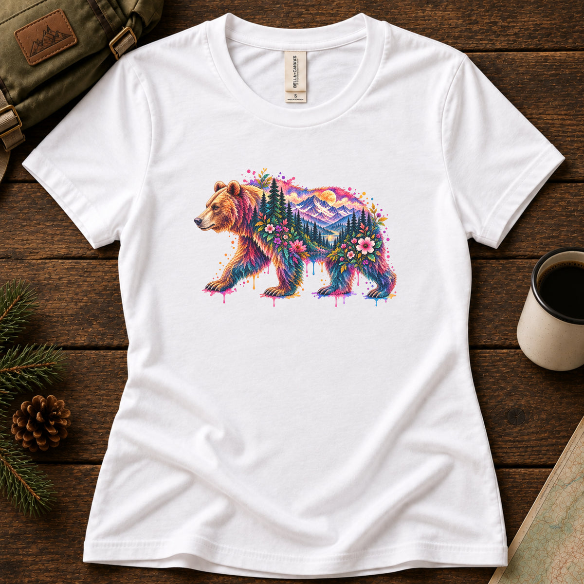 Watercolor Bear women's graphic tee in White, Sasquatch Hiking Society.