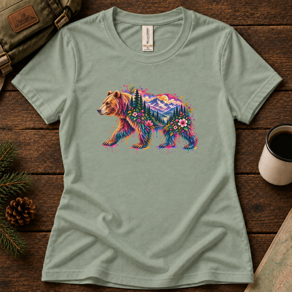 Watercolor Bear women's graphic tee in Sage, Sasquatch Hiking Society.