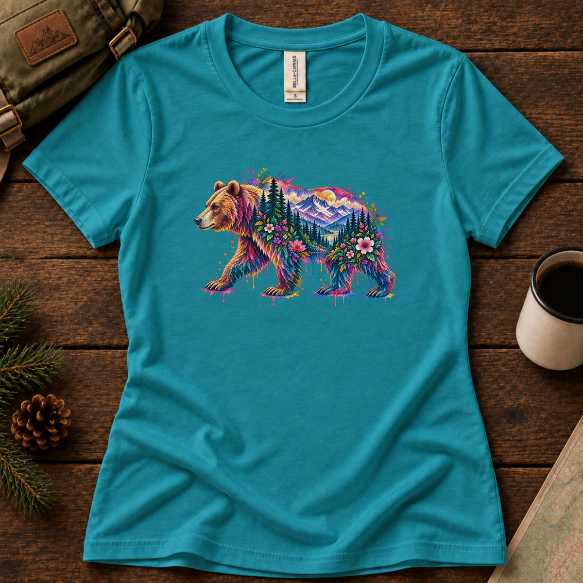 Watercolor Bear women's graphic tee in Teal, Sasquatch Hiking Society.