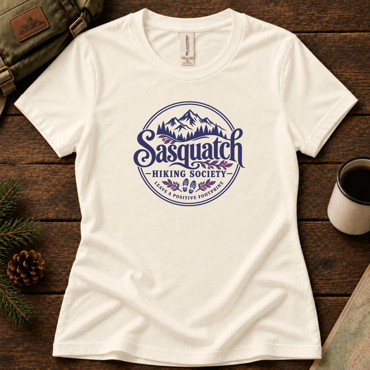 Positive Footprint women's graphic tee in Natural, Sasquatch Hiking Society.