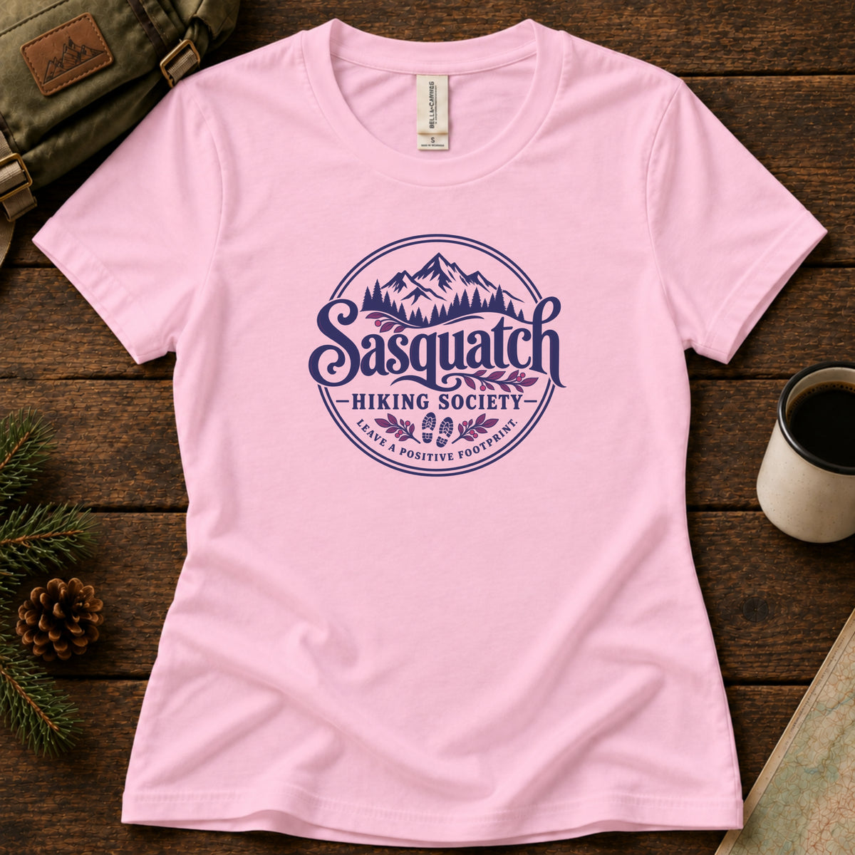 Positive Footprint women's graphic tee in Pink, Sasquatch Hiking Society.