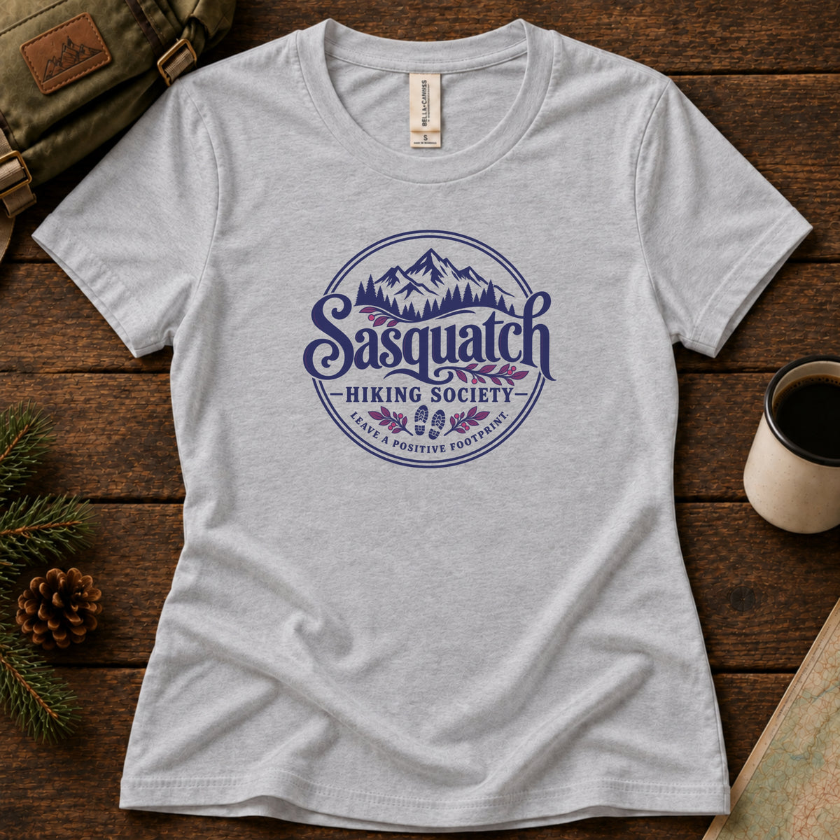 Positive Footprint women's graphic tee in Athletic Heather, Sasquatch Hiking Society.