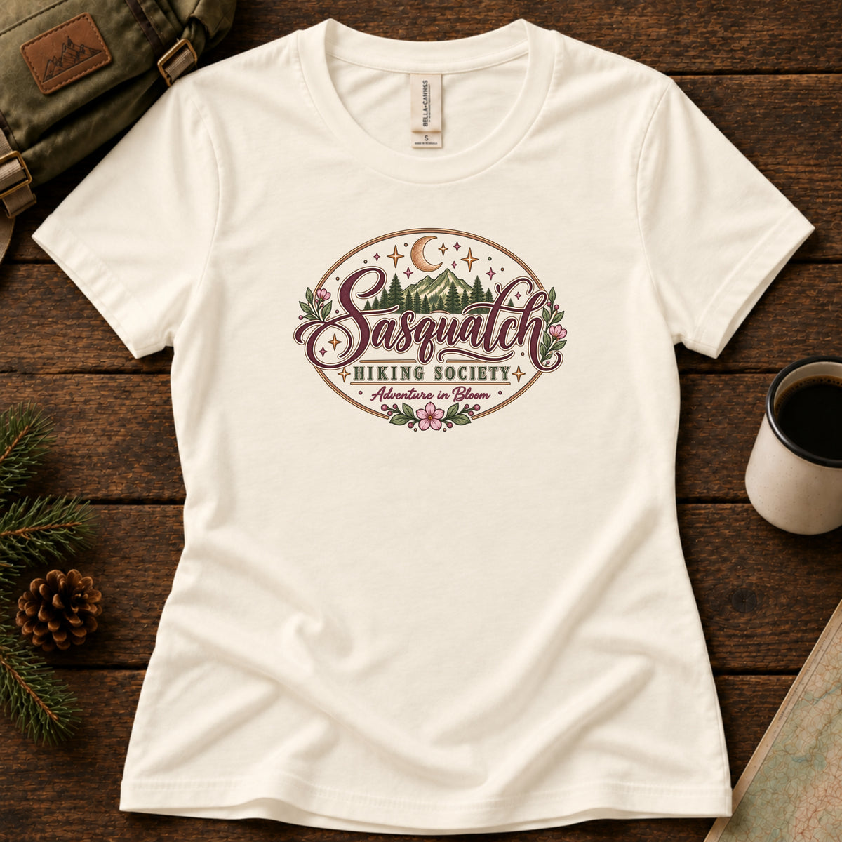 Adventure in Bloom women's graphic tee in Natural, Sasquatch Hiking Society.