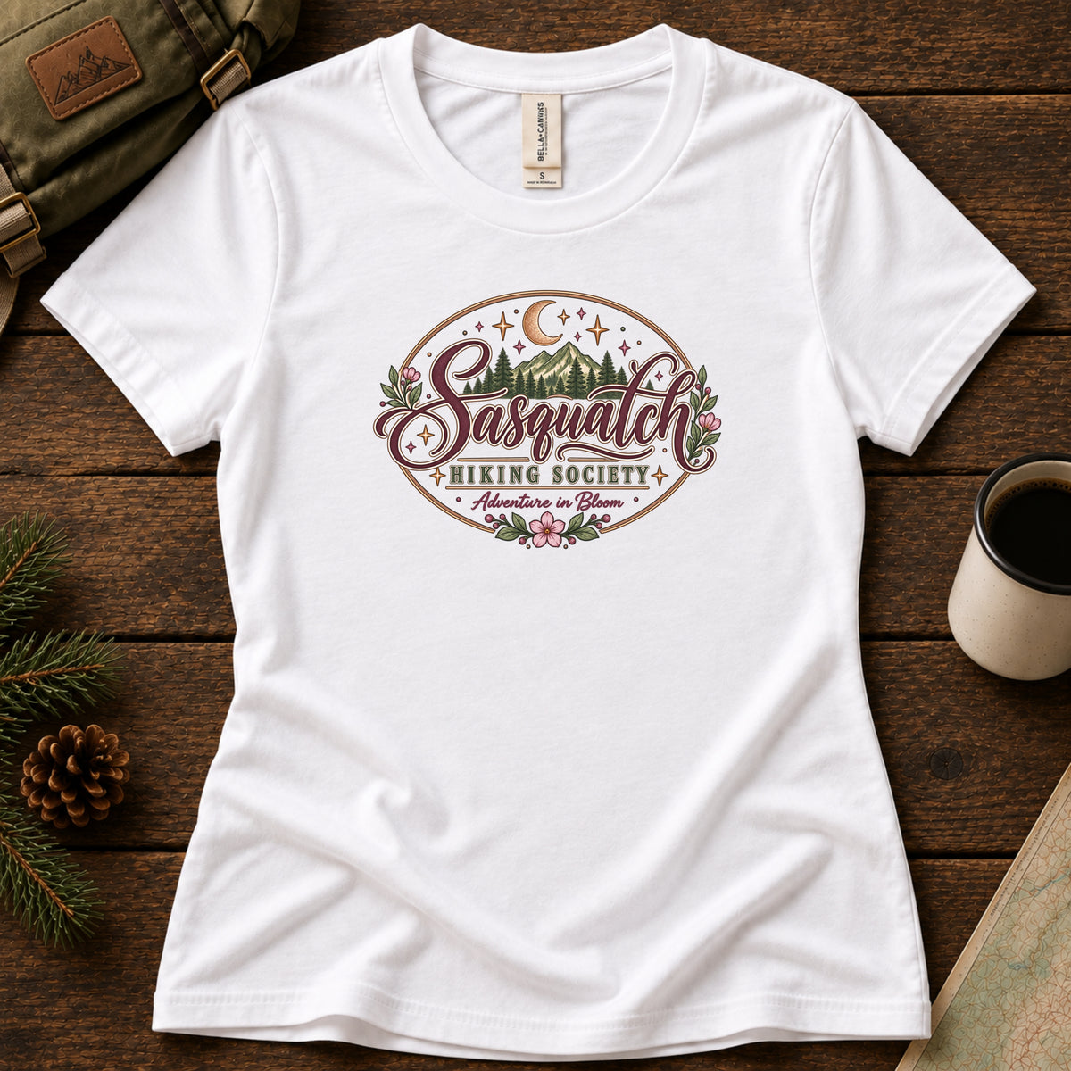 Adventure in Bloom women's graphic tee in White, Sasquatch Hiking Society.