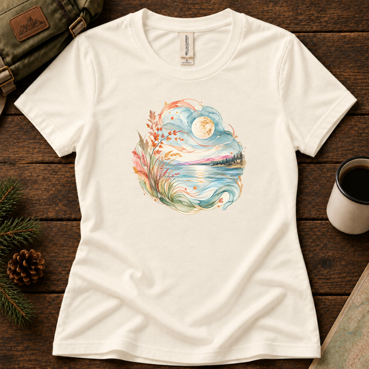Moonlit Lake women's graphic tee in Natural, Sasquatch Hiking Society.