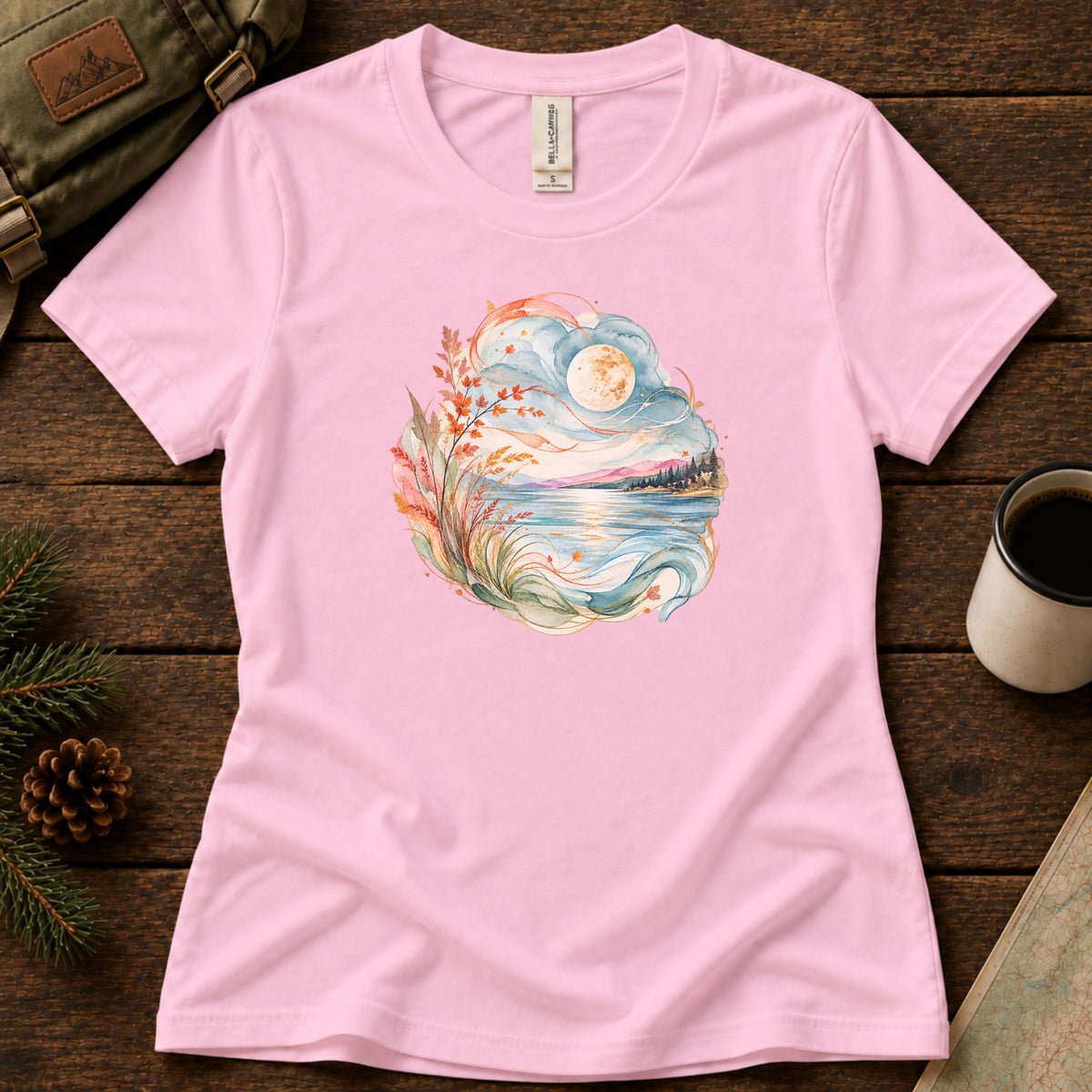 Moonlit Lake women's graphic tee in Pink, Sasquatch Hiking Society.