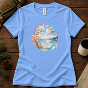 Moonlit Lake women's graphic tee in Carolina Blue, Sasquatch Hiking Society.