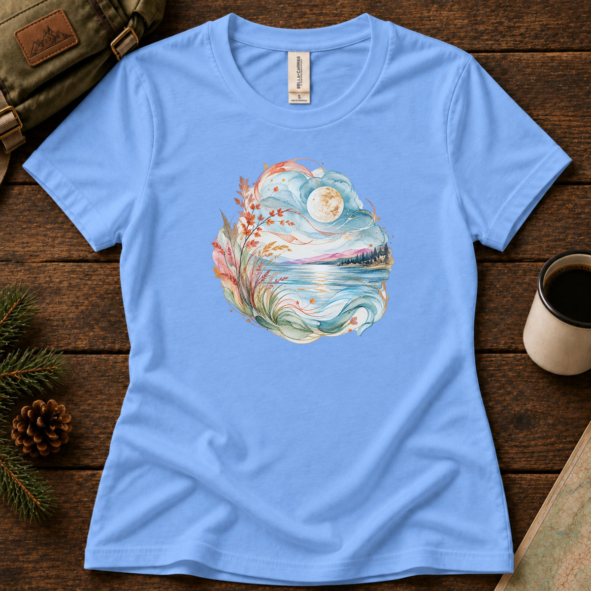 Moonlit Lake women's graphic tee in Carolina Blue, Sasquatch Hiking Society.