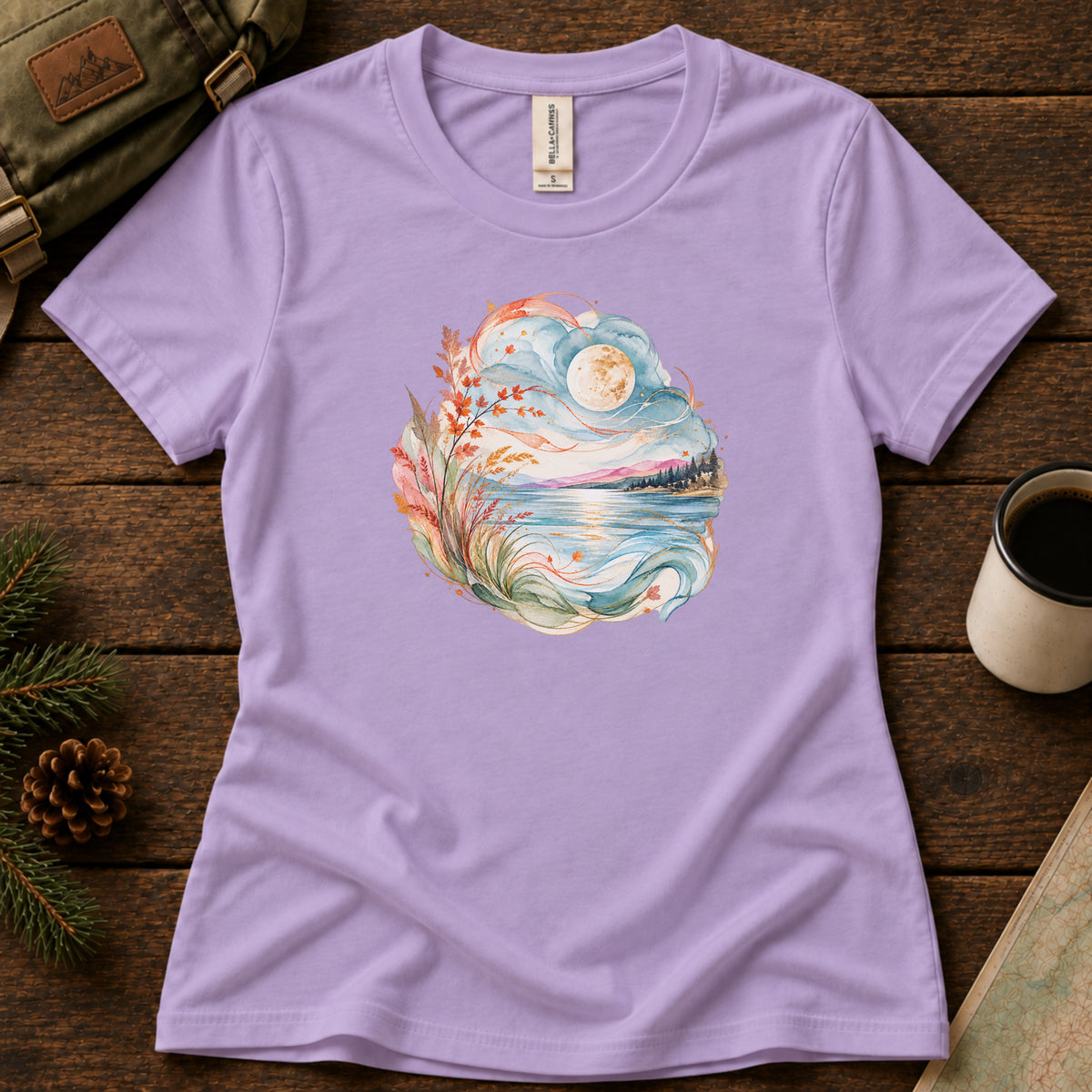 Moonlit Lake women's graphic tee in Dark Lavender, Sasquatch Hiking Society.