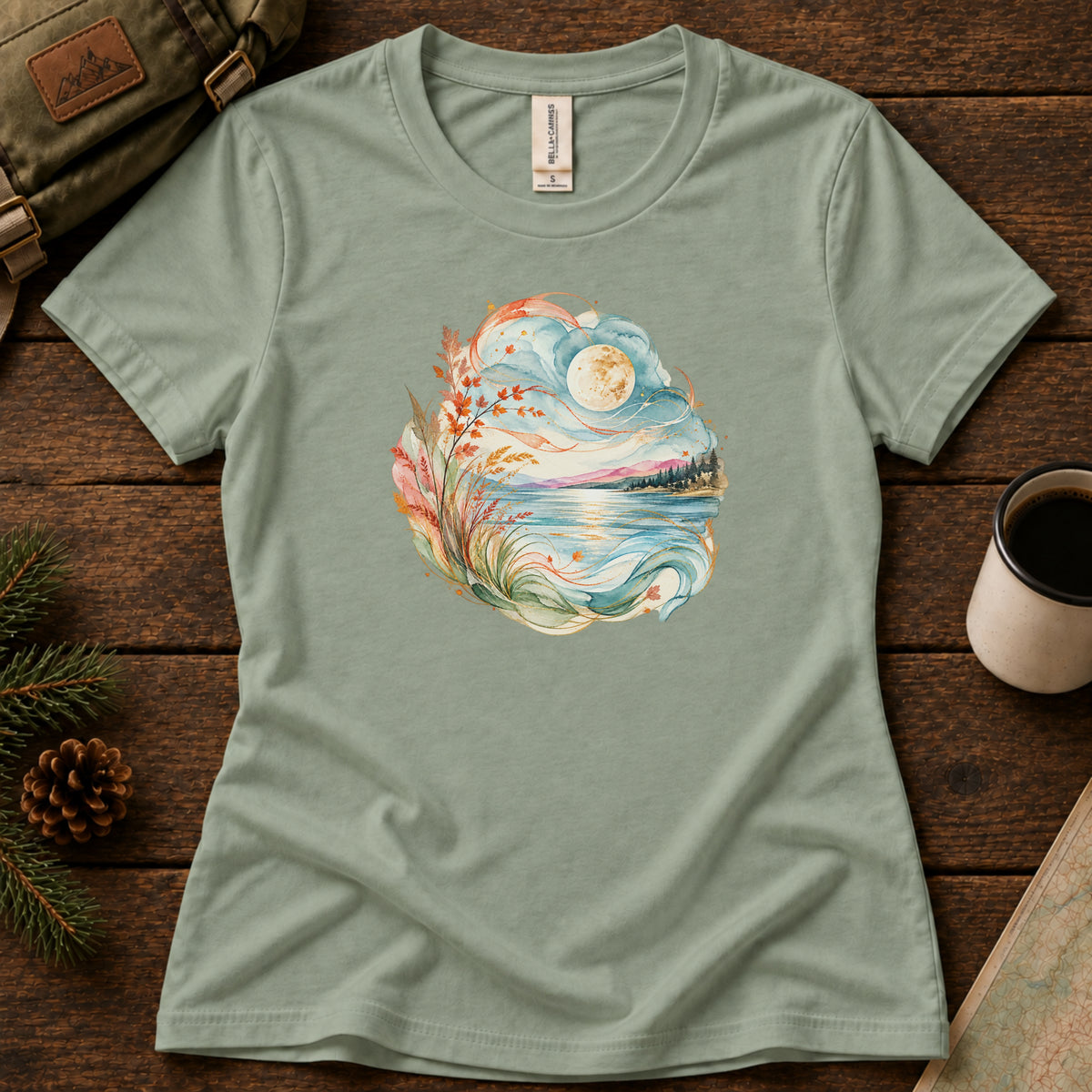 Moonlit Lake women's graphic tee in Sage, Sasquatch Hiking Society.
