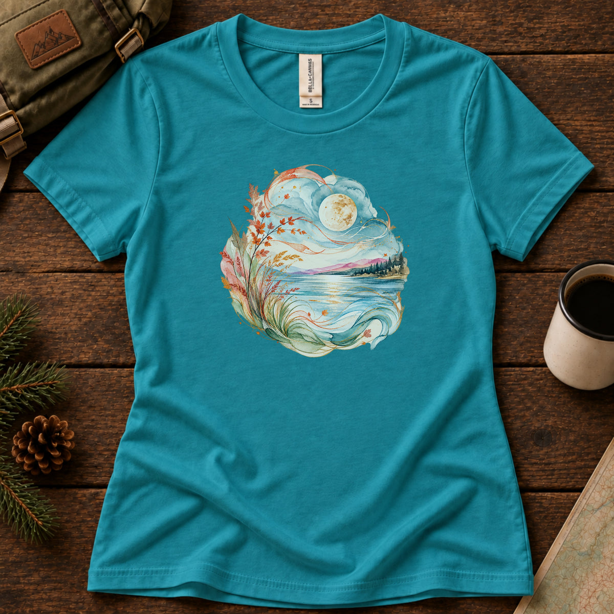 Moonlit Lake women's graphic tee in Teal, Sasquatch Hiking Society.