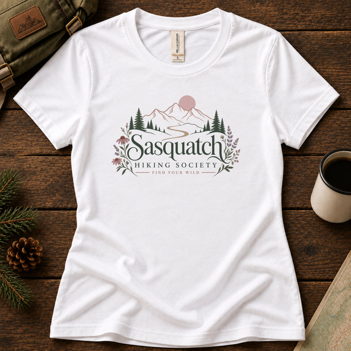 Wildflower Way women's graphic tee in White, Sasquatch Hiking Society.