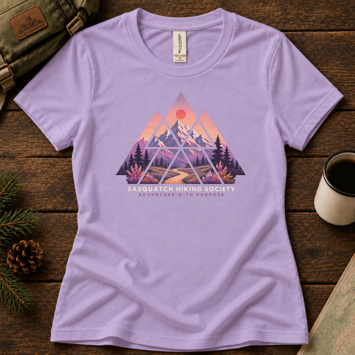 Adventure with Purpose women's graphic tee in Dark Lavender, Sasquatch Hiking Society.