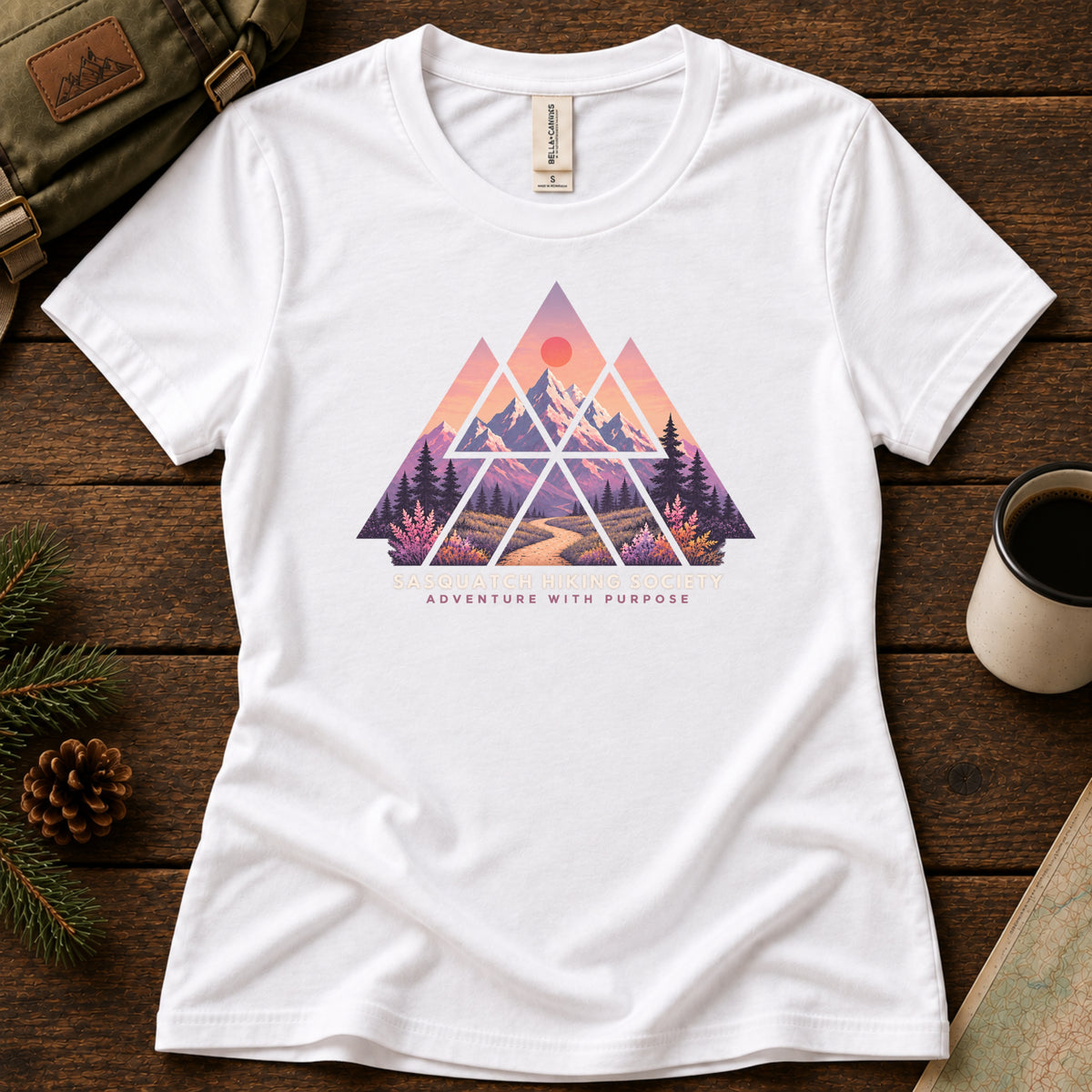 Adventure with Purpose women's graphic tee in White, Sasquatch Hiking Society.