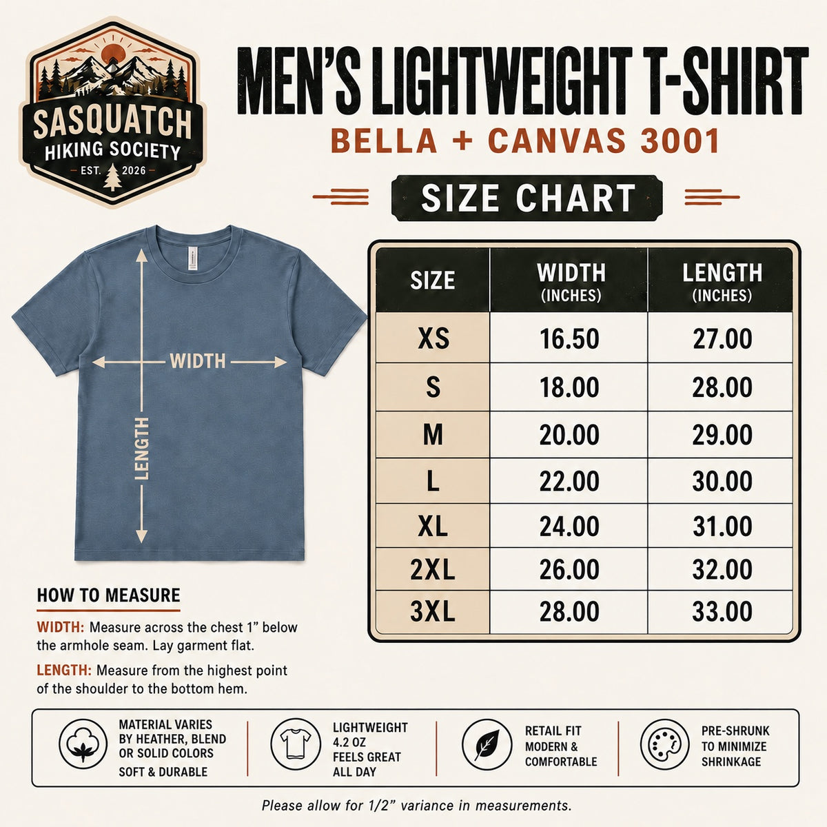 Men’s Lightweight T-Shirt Size Guide